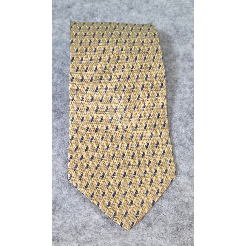 Robert Stock Mens Silk Tie Tan Gold Navy Blue Geometric Dash Pattern Handmade